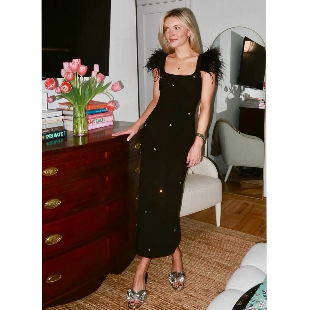 Likely Cameron Black Midi Dress Feather Shoulder Sheath 8 Cocktail